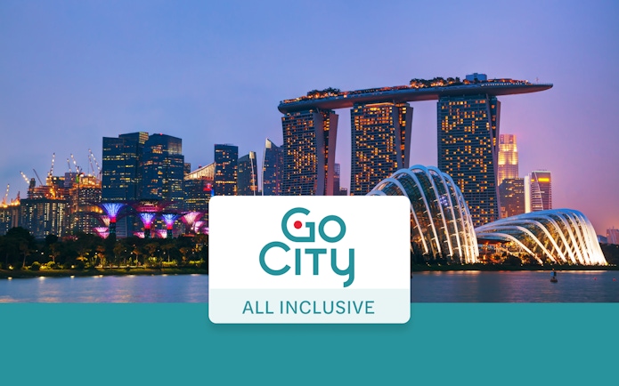 Singapore skyline with Marina Bay Sands and Gardens by the Bay, promoting Go City All-Inclusive Pass.