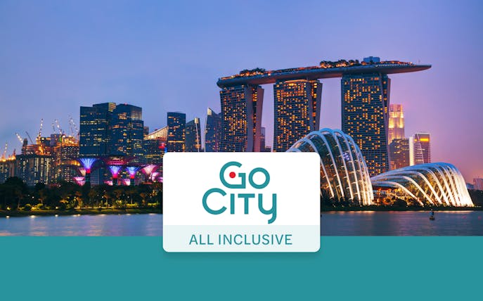 Singapore skyline with Marina Bay Sands and Gardens by the Bay, promoting Go City All-Inclusive Pass.