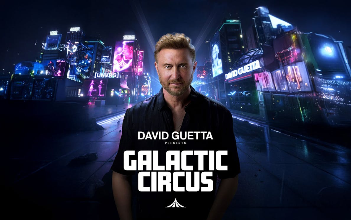 David Guetta in front of neon cityscape for Galactic Circus event.
