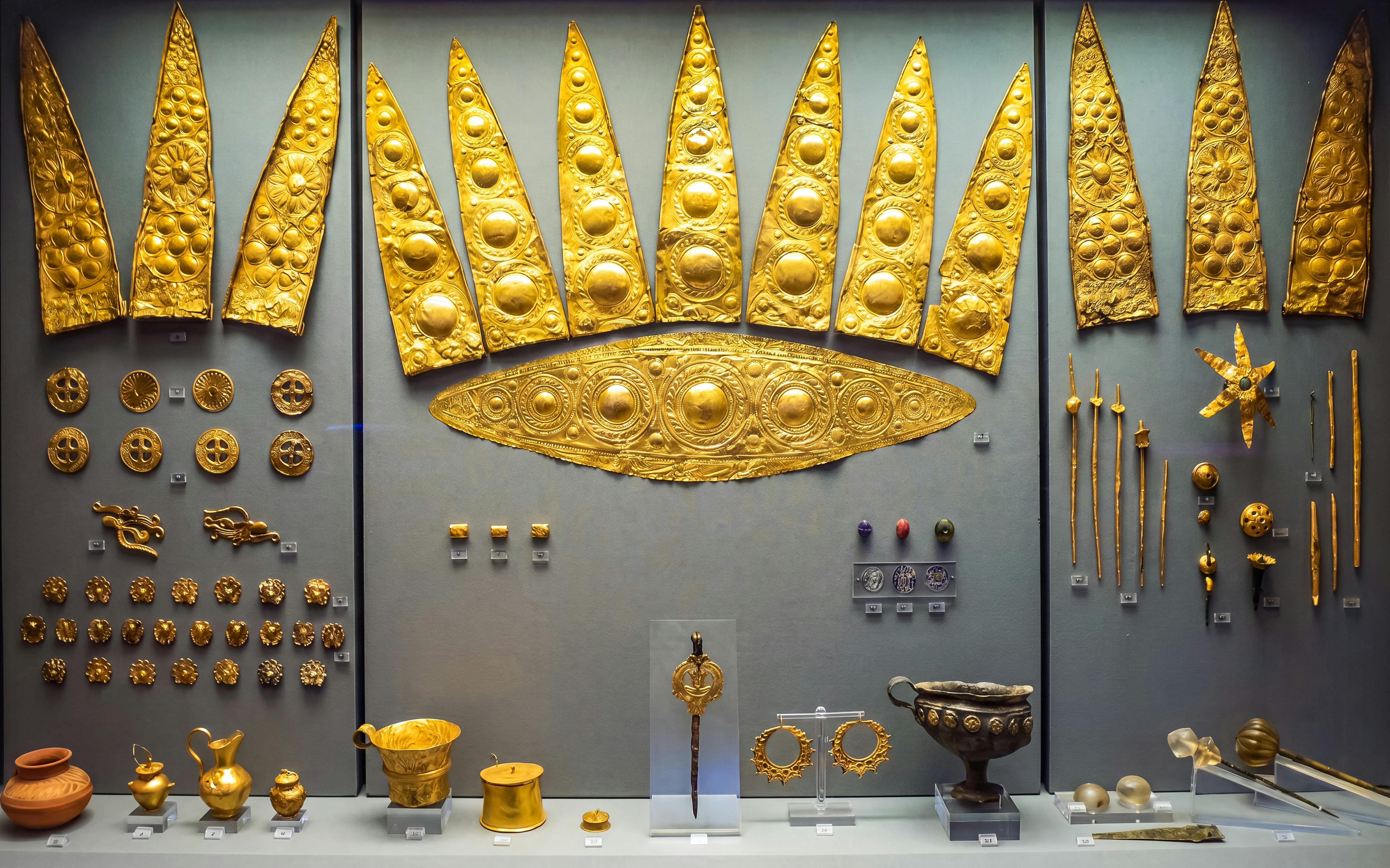 Gold artifacts display at the National Archaeological Museum in Athens.