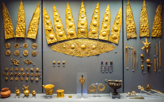 Gold artifacts display at the National Archaeological Museum in Athens.