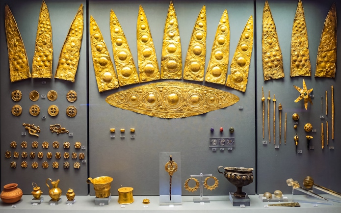 Gold artifacts display at the National Archaeological Museum in Athens.