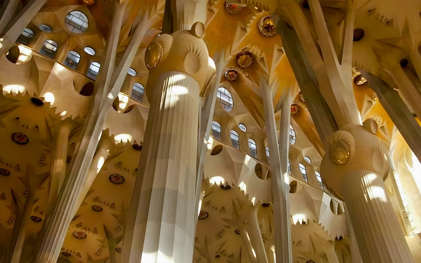 Sagrada Familia interior columns with intricate design and natural light filtering through.