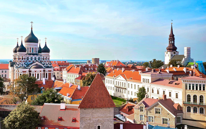 Tallinn skyline with Alexander Nevsky Cathedral and medieval architecture.