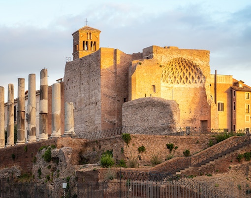 Ancient ruins and columns at Domus Aurea, Rome, Italy.