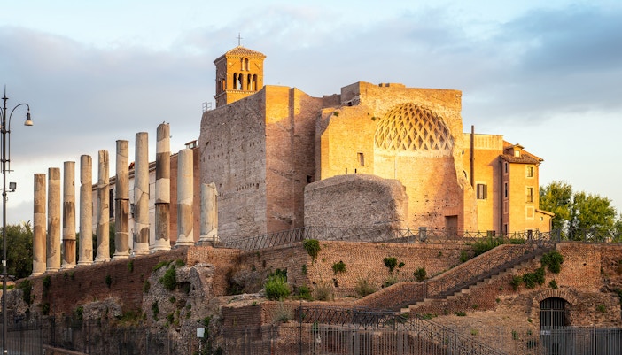 Ancient ruins and columns at Domus Aurea, Rome, Italy.