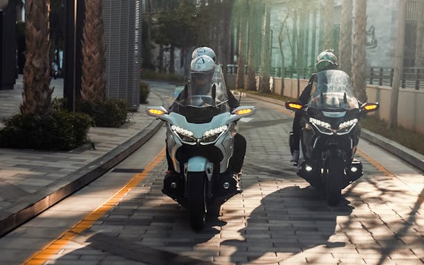 Motorcyclists riding on a paved path lined with palm trees in Dubai.