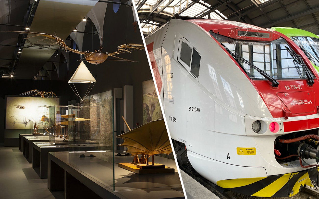 Malpensa Express train and Leonardo da Vinci exhibits at National Science & Technology Museum, Milan.