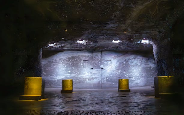 Station of the Cross at Salt Cathedral of Zipaquirá, illuminated stone sculptures.
