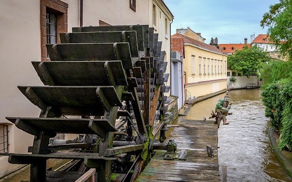 Water wheel on Devil's Channel during a sightseeing cruise in Prague.