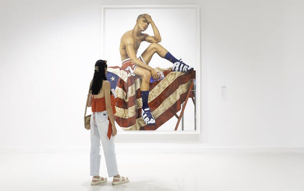 Woman viewing artwork at Moco Museum, Amsterdam.