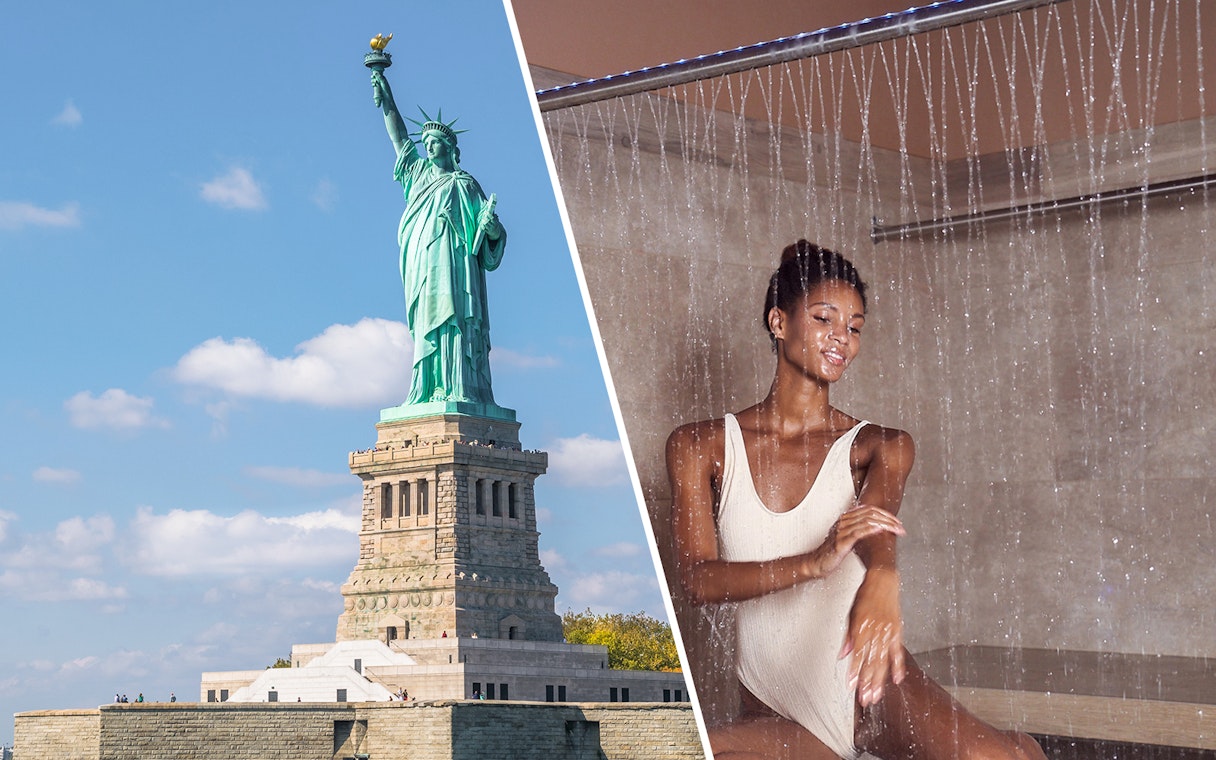 Statue of Liberty and woman enjoying spa shower at QC New York.