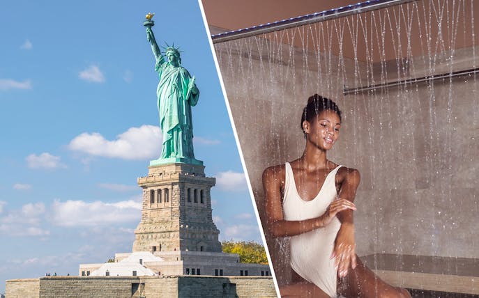 Statue of Liberty and woman enjoying spa shower at QC New York.
