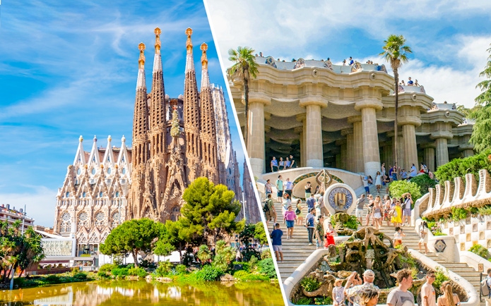 Sagrada Familia and Park Güell in Barcelona, showcasing iconic architecture and vibrant visitor activity.