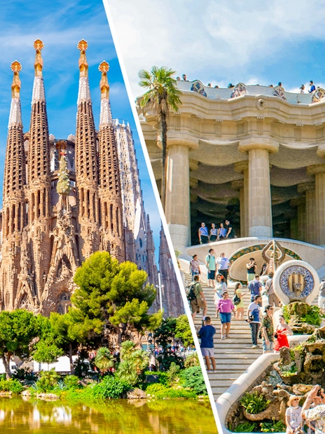 Sagrada Familia and Park Güell in Barcelona, showcasing iconic architecture and vibrant visitor activity.