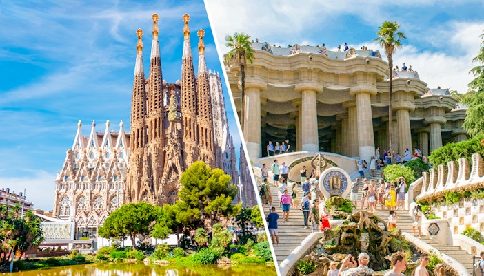 Sagrada Familia and Park Güell in Barcelona, showcasing iconic architecture and vibrant visitor activity.