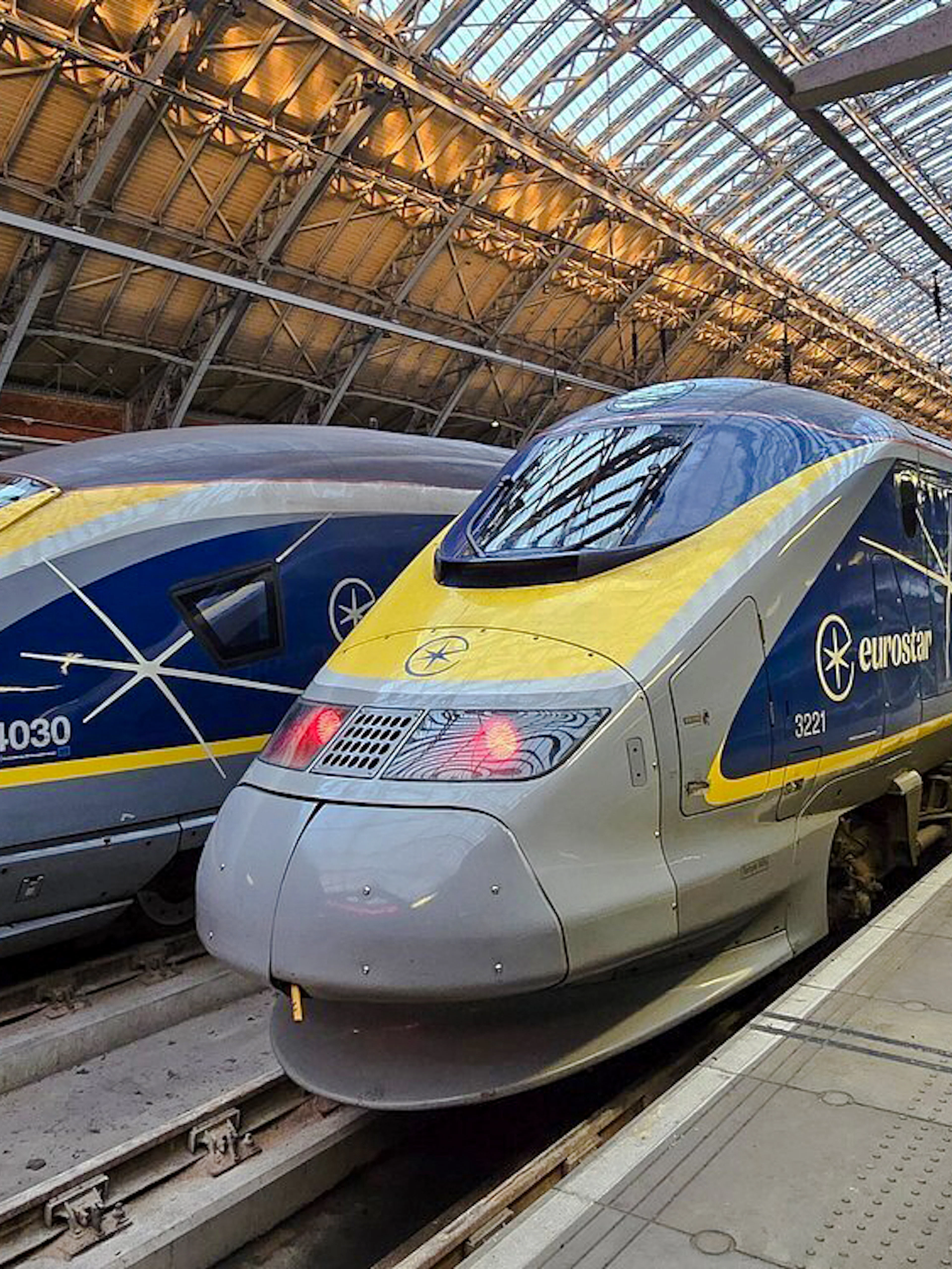 Eurostar train at international railway station platform.