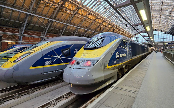 Eurostar train at international railway station platform.