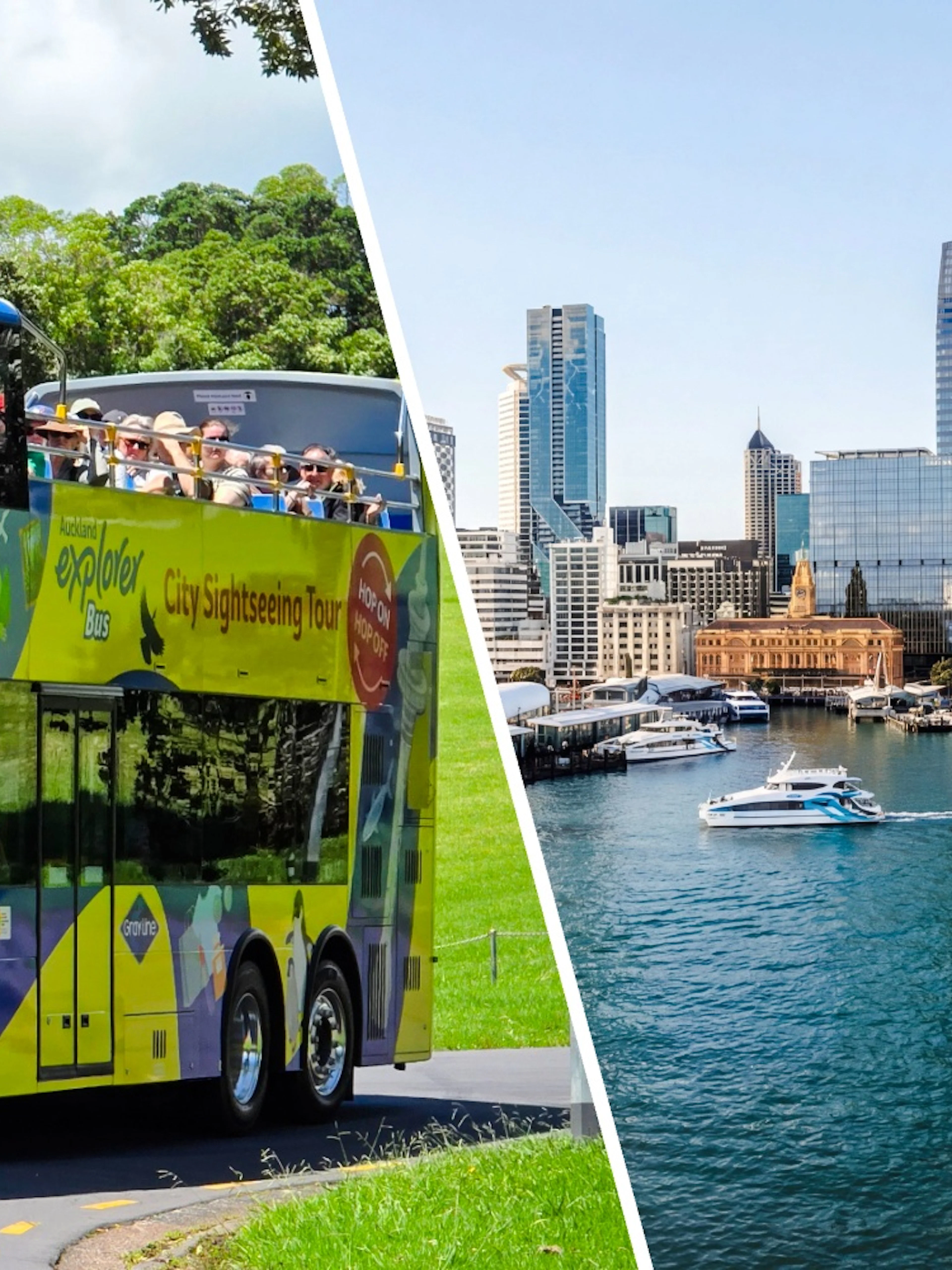 Auckland Explorer Bus with tourists and Auckland Harbour with boats and skyline during sightseeing cruise.