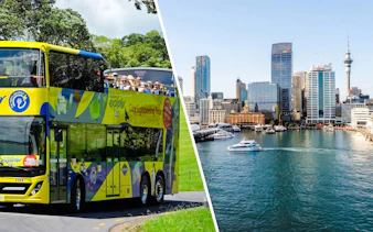 Auckland Explorer Bus with tourists and Auckland Harbour with boats and skyline during sightseeing cruise.
