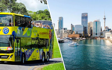 Auckland Explorer Bus with tourists and Auckland Harbour with boats and skyline during sightseeing cruise.