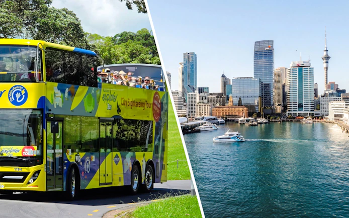 Auckland Explorer Bus with tourists and Auckland Harbour with boats and skyline during sightseeing cruise.