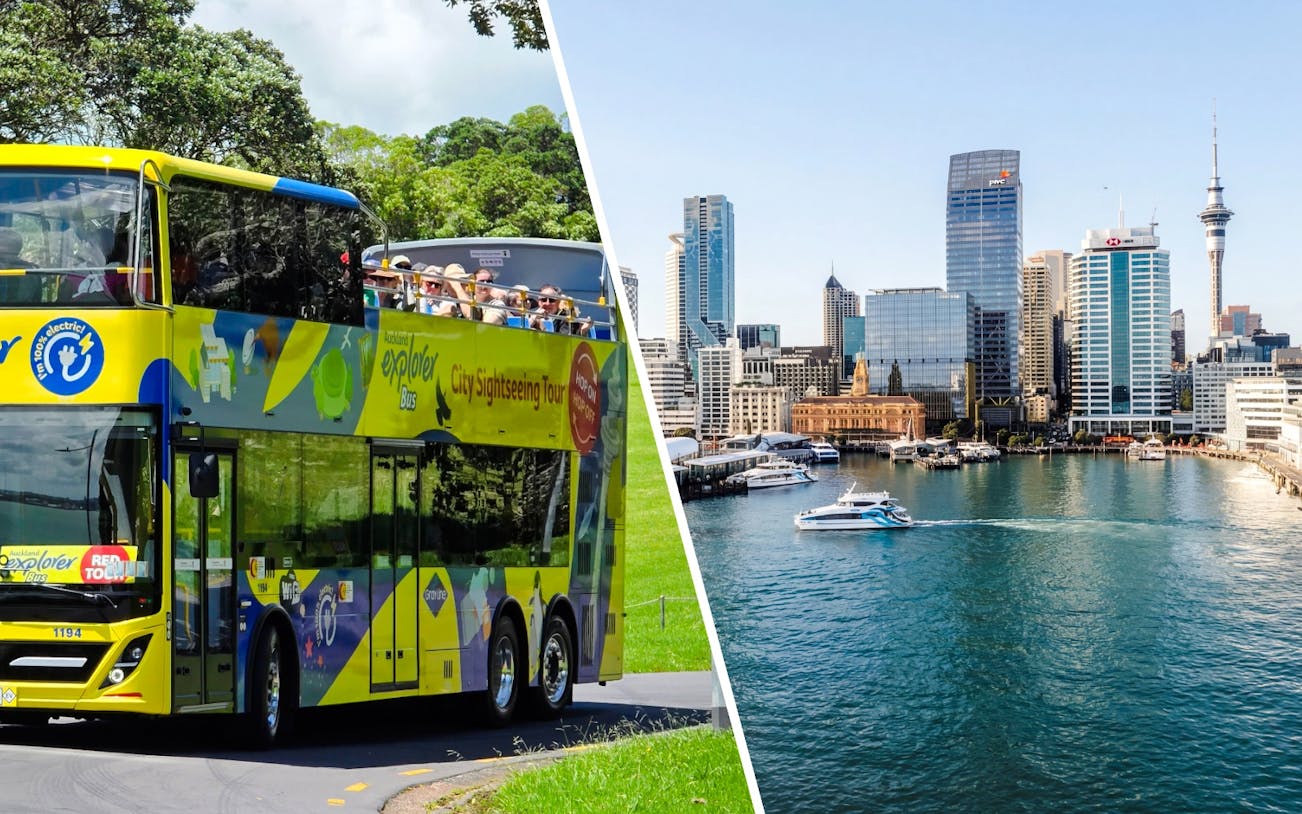 Auckland Explorer Bus with tourists and Auckland Harbour with boats and skyline during sightseeing cruise.