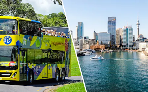 Auckland Explorer Bus with tourists and Auckland Harbour with boats and skyline during sightseeing cruise.