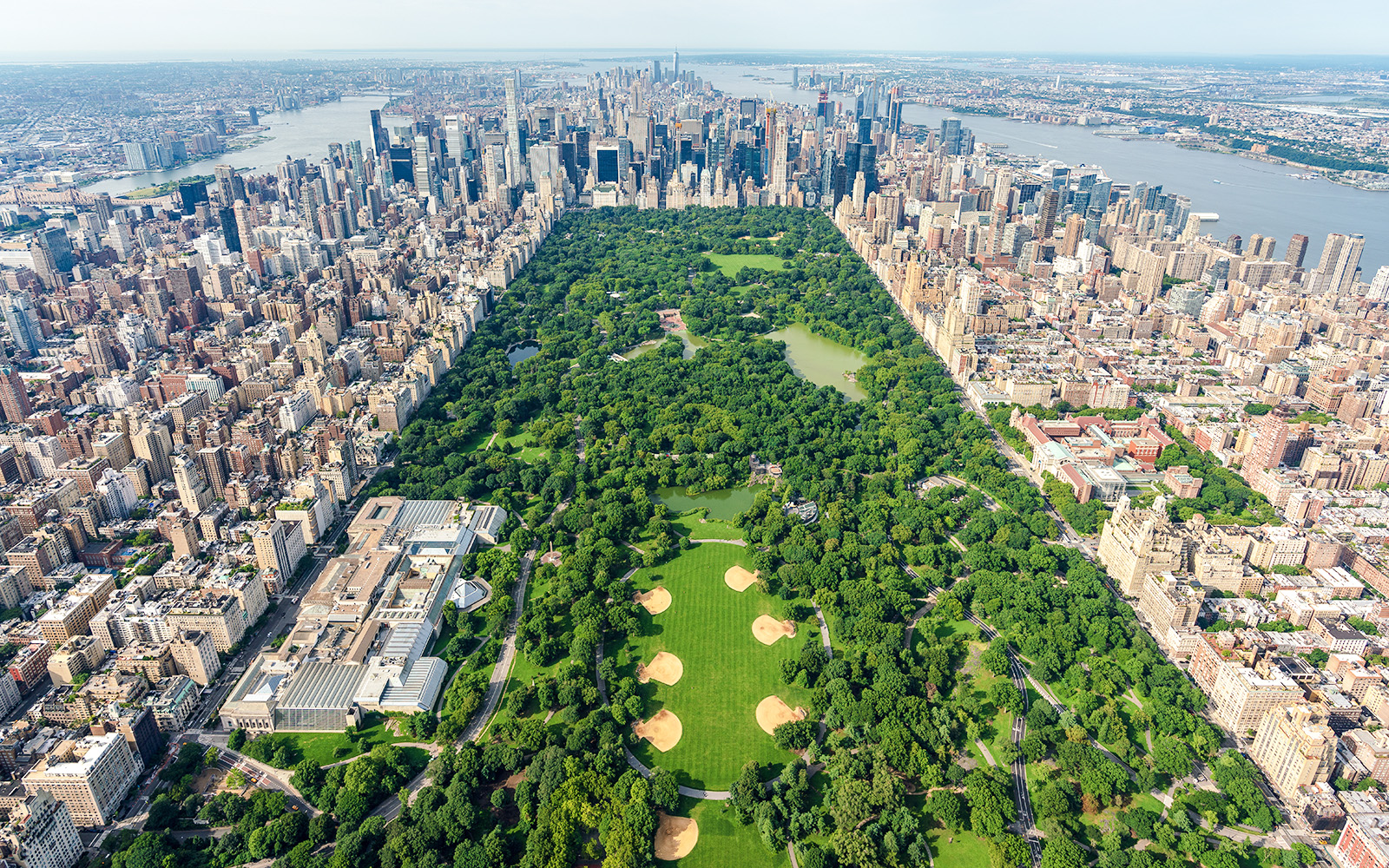 Aerial view of Central Park in New York City from a helicopter.