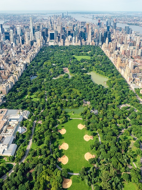 Aerial view of Central Park in New York City from a helicopter.