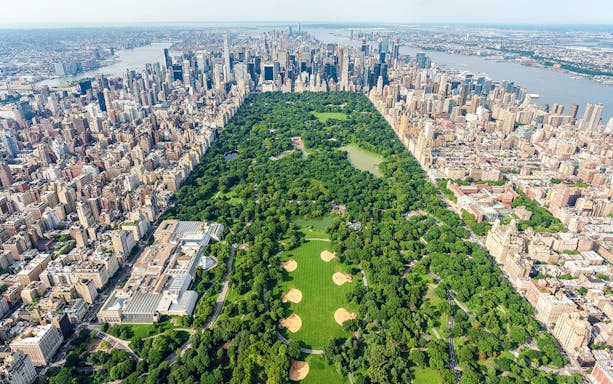 Aerial view of Central Park in New York City from a helicopter.