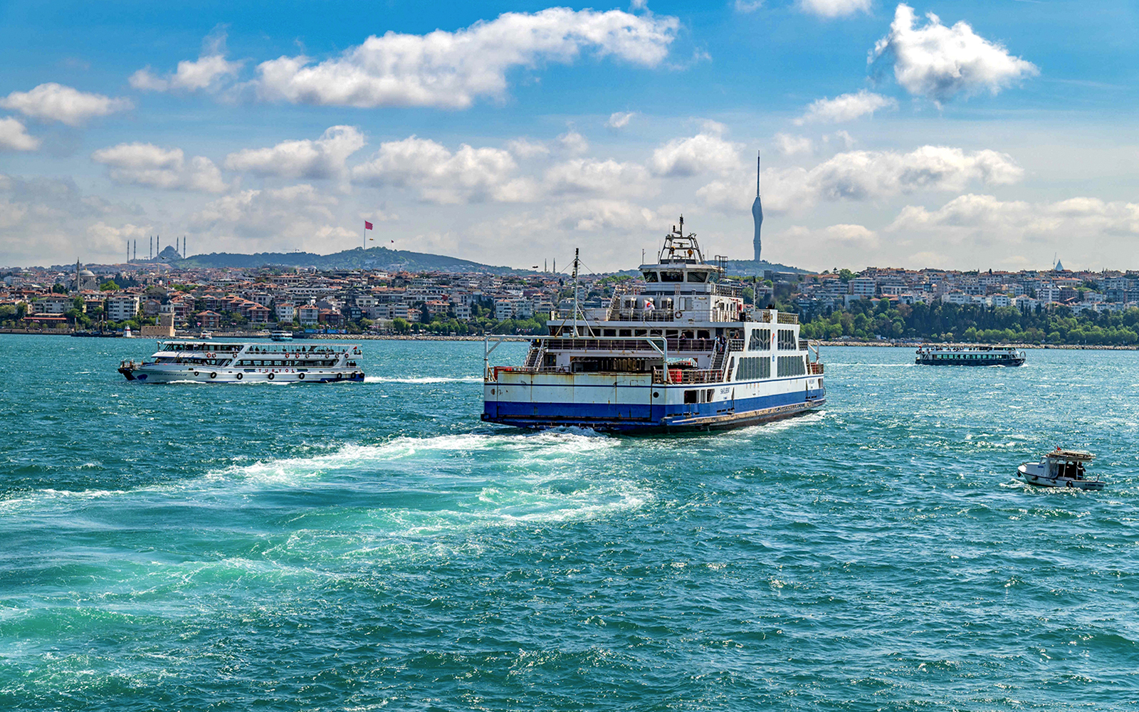 Ferry on Bosphorus Strait with Istanbul skyline during Bosphorus Golden Horn Cruise tour.