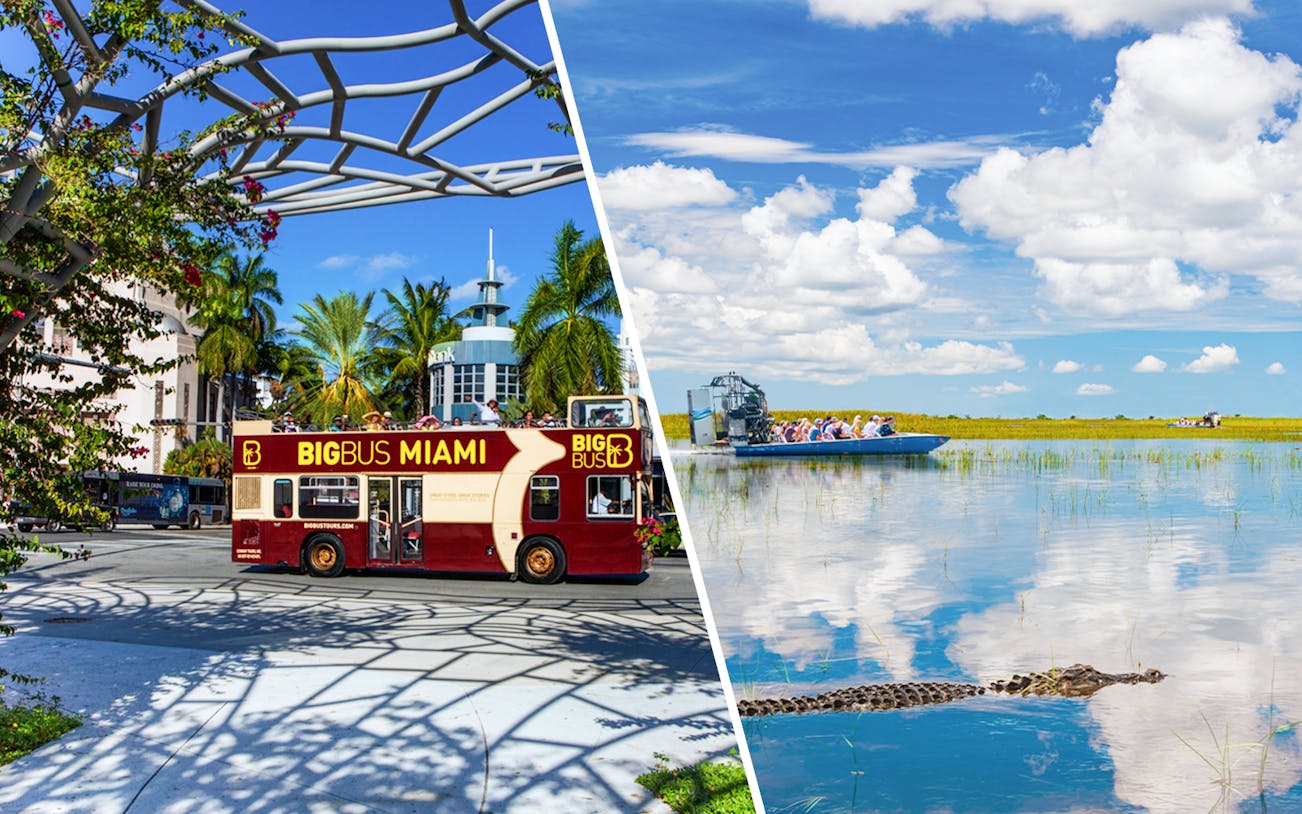 Miami hop-on hop-off bus and Everglades airboat tour with alligator.