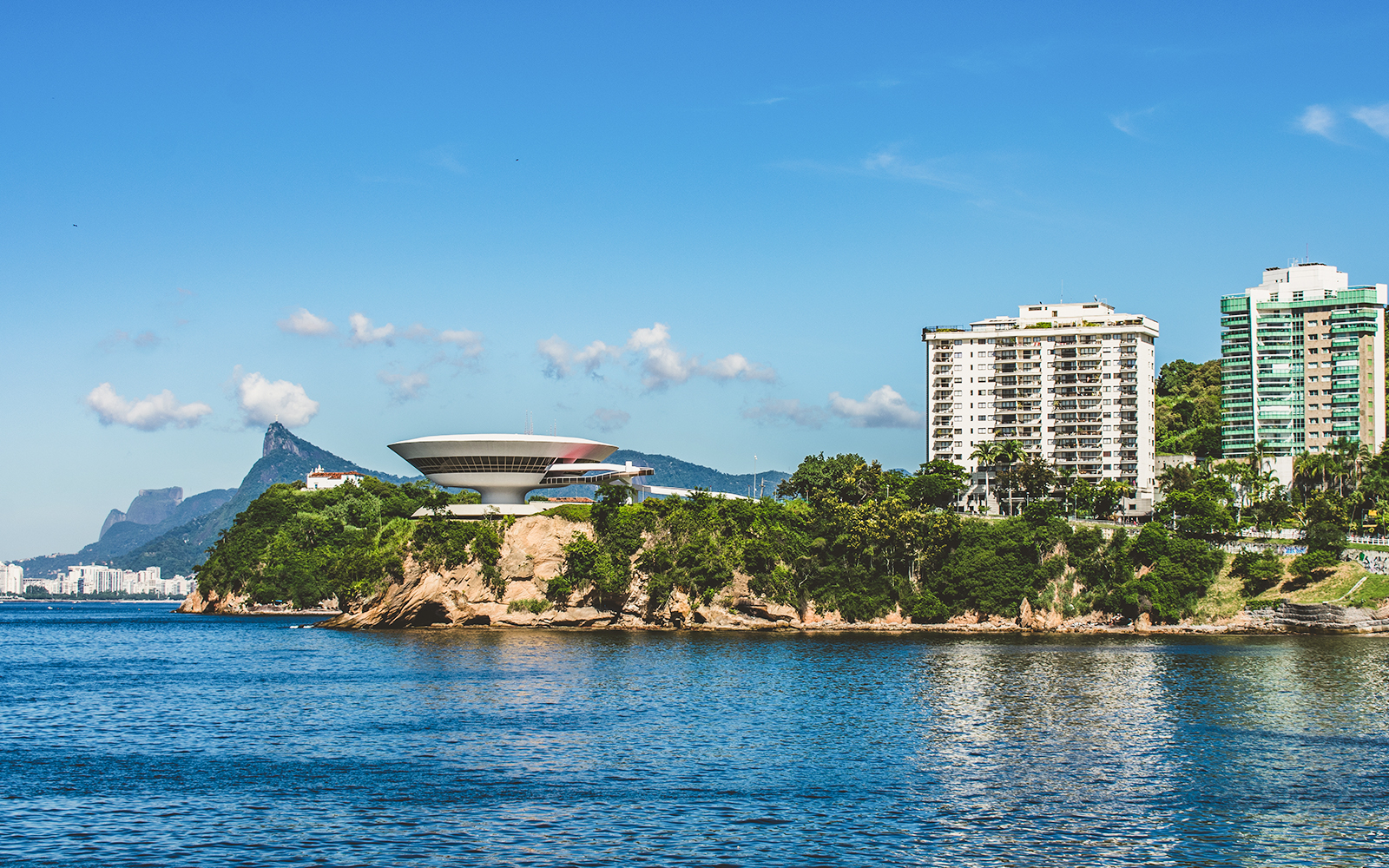 Museum of Contemporary Art view from speedboat tour in Rio de Janeiro.
