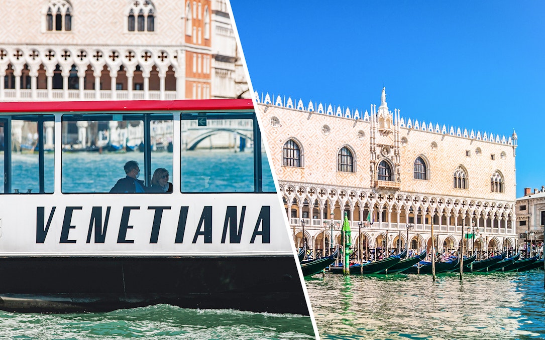 Venice boat tour with view of Doge's Palace and gondolas on the Grand Canal.