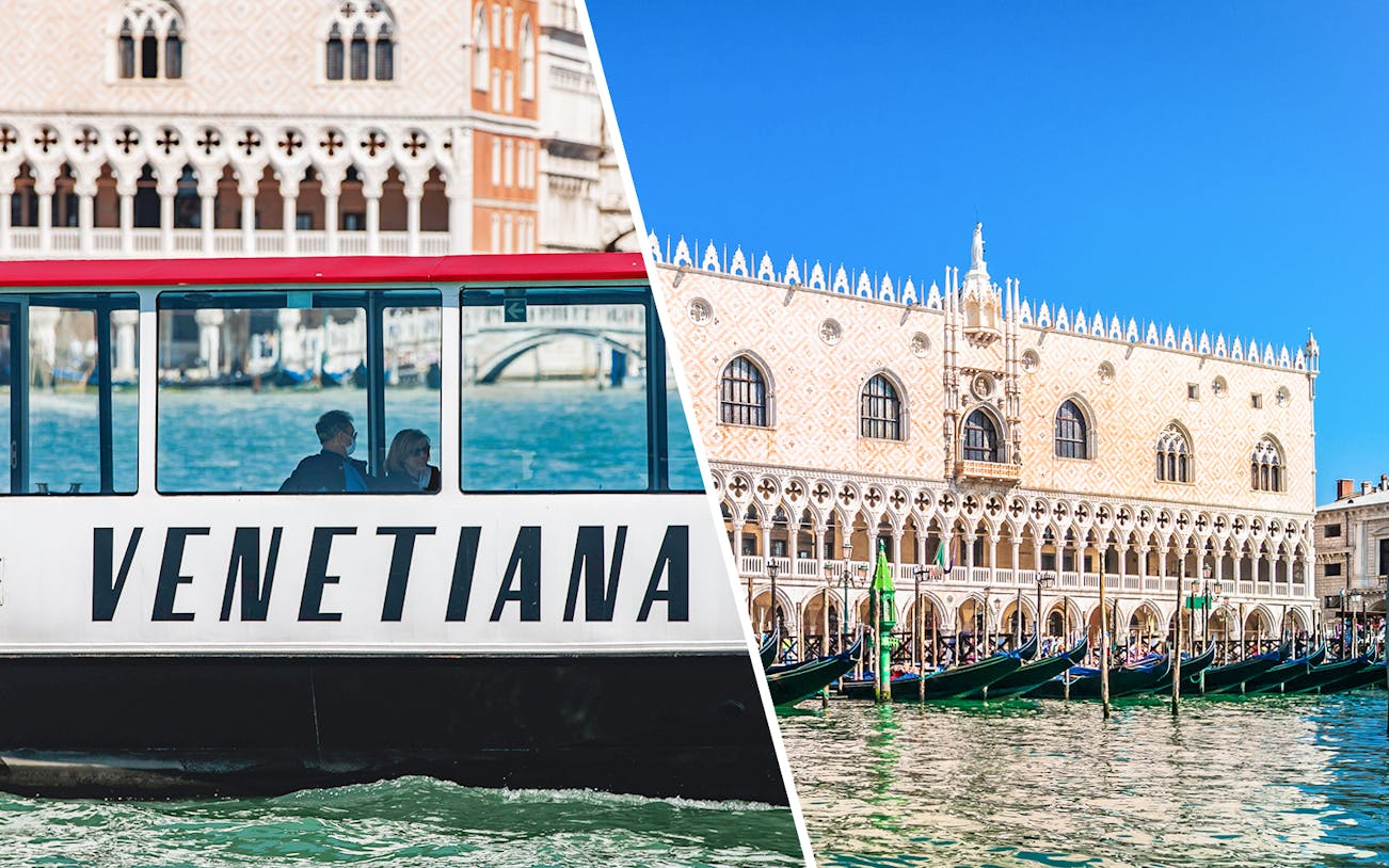 Venice boat tour with view of Doge's Palace and gondolas on the Grand Canal.