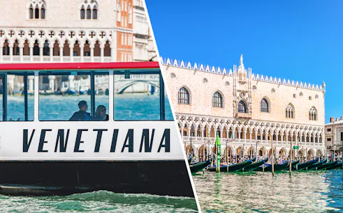 Venice boat tour with view of Doge's Palace and gondolas on the Grand Canal.