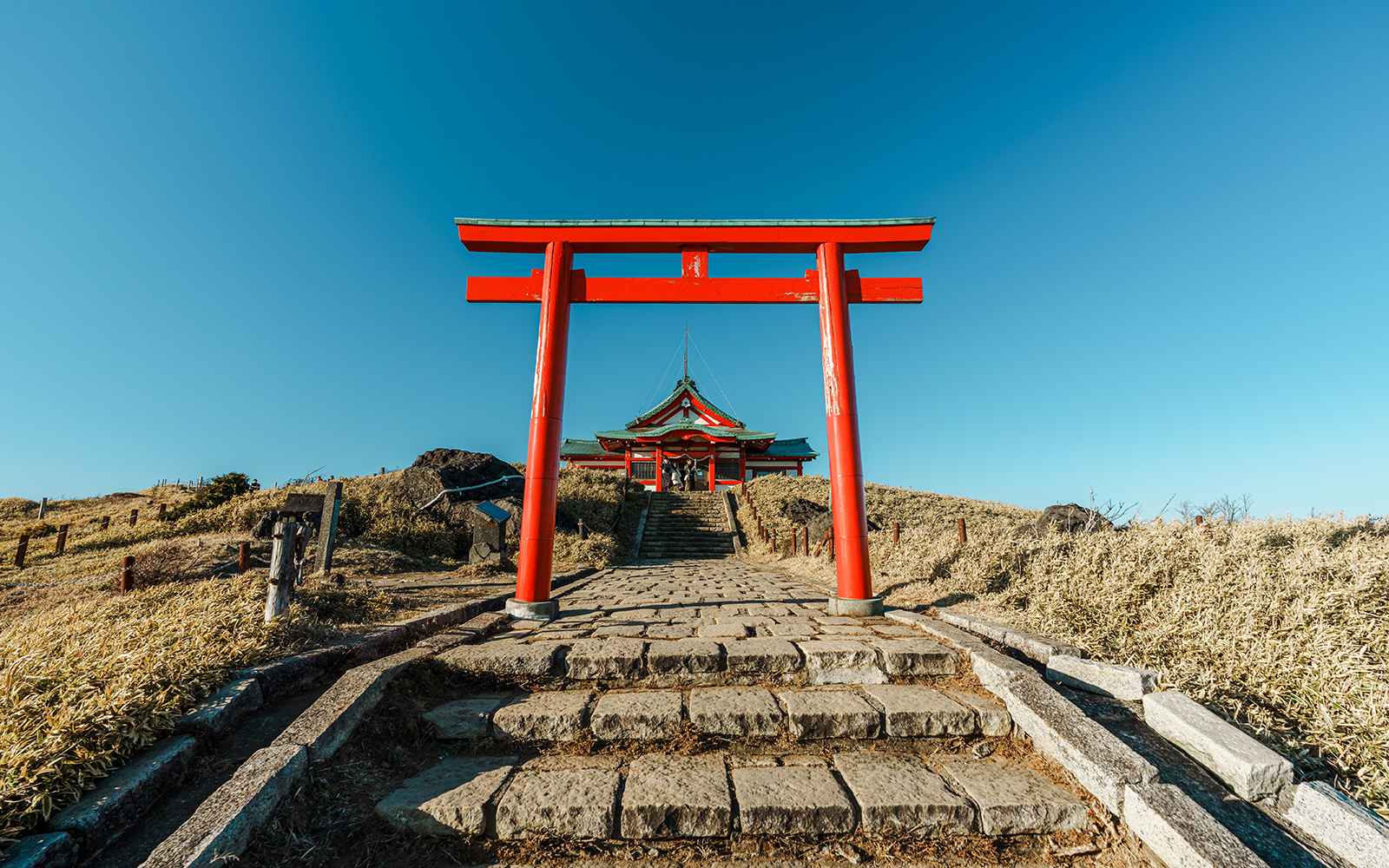 Hakone Mototsumiya Shrine Torii Gate with stone path leading to the shrine.
