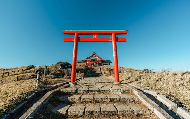 Hakone Mototsumiya Shrine Torii Gate with stone path leading to the shrine.