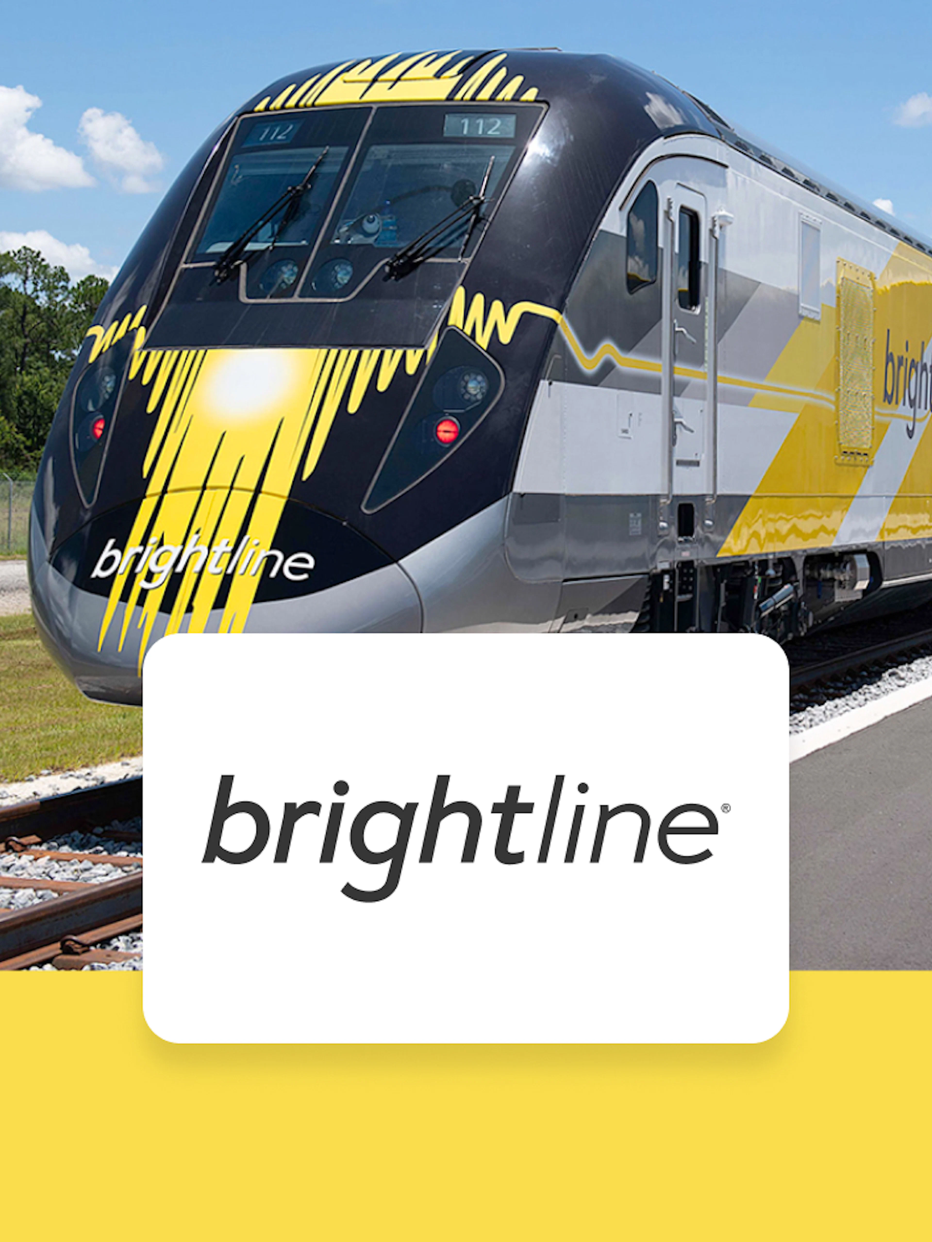 Brightline train on track, Orlando to Miami route.