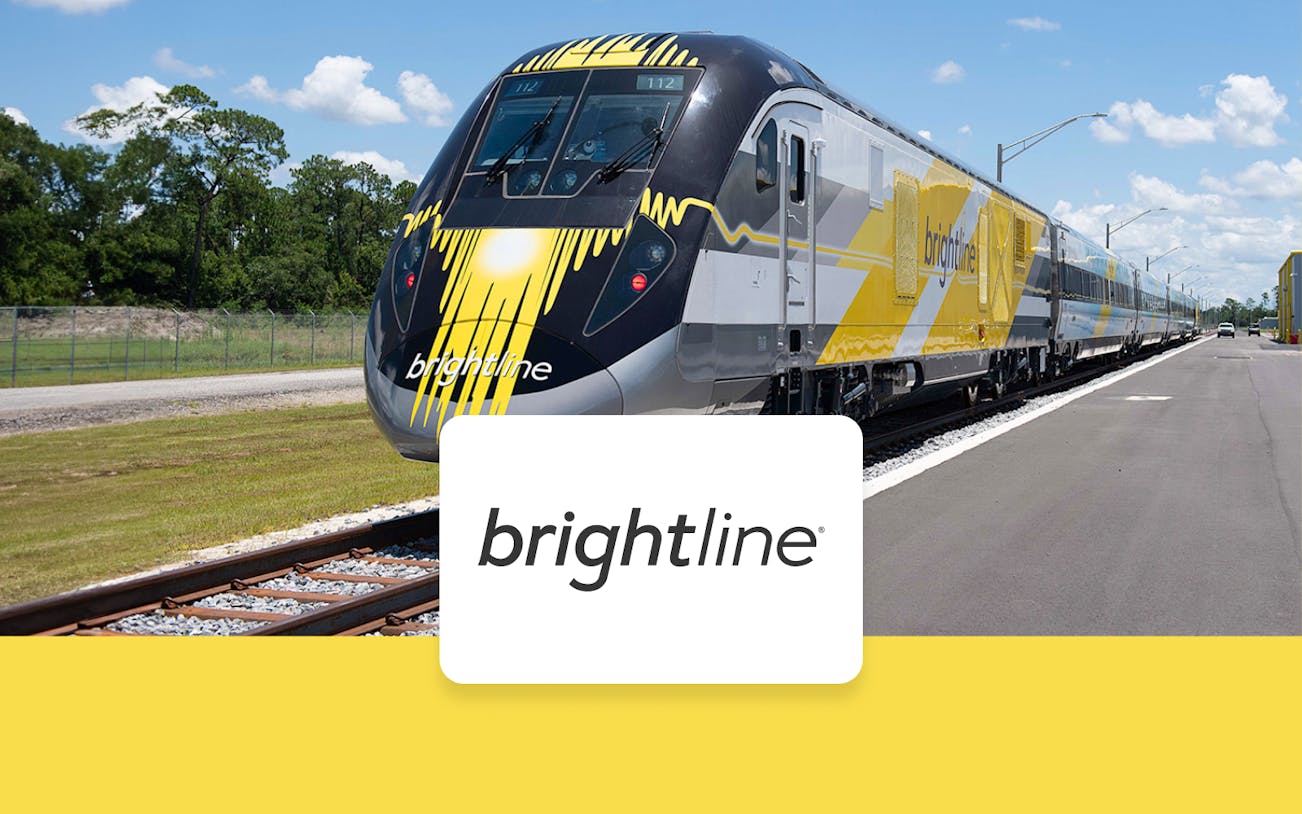 Brightline train on track, Orlando to Miami route.