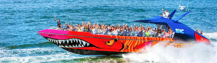 Thrill-seekers on the Codzilla boat ride in Boston Harbor.