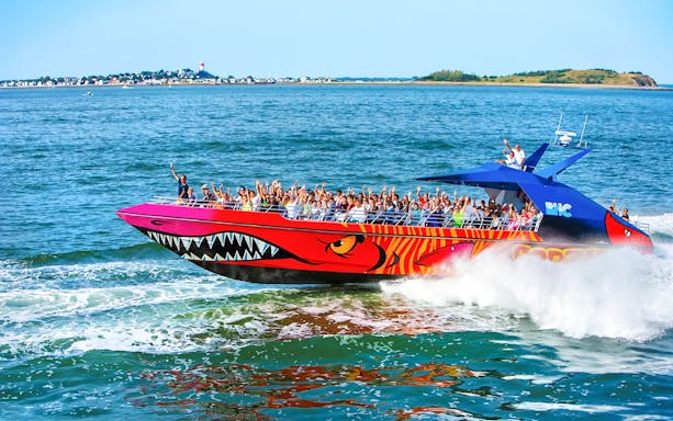 Thrill-seekers on the Codzilla boat ride in Boston Harbor.