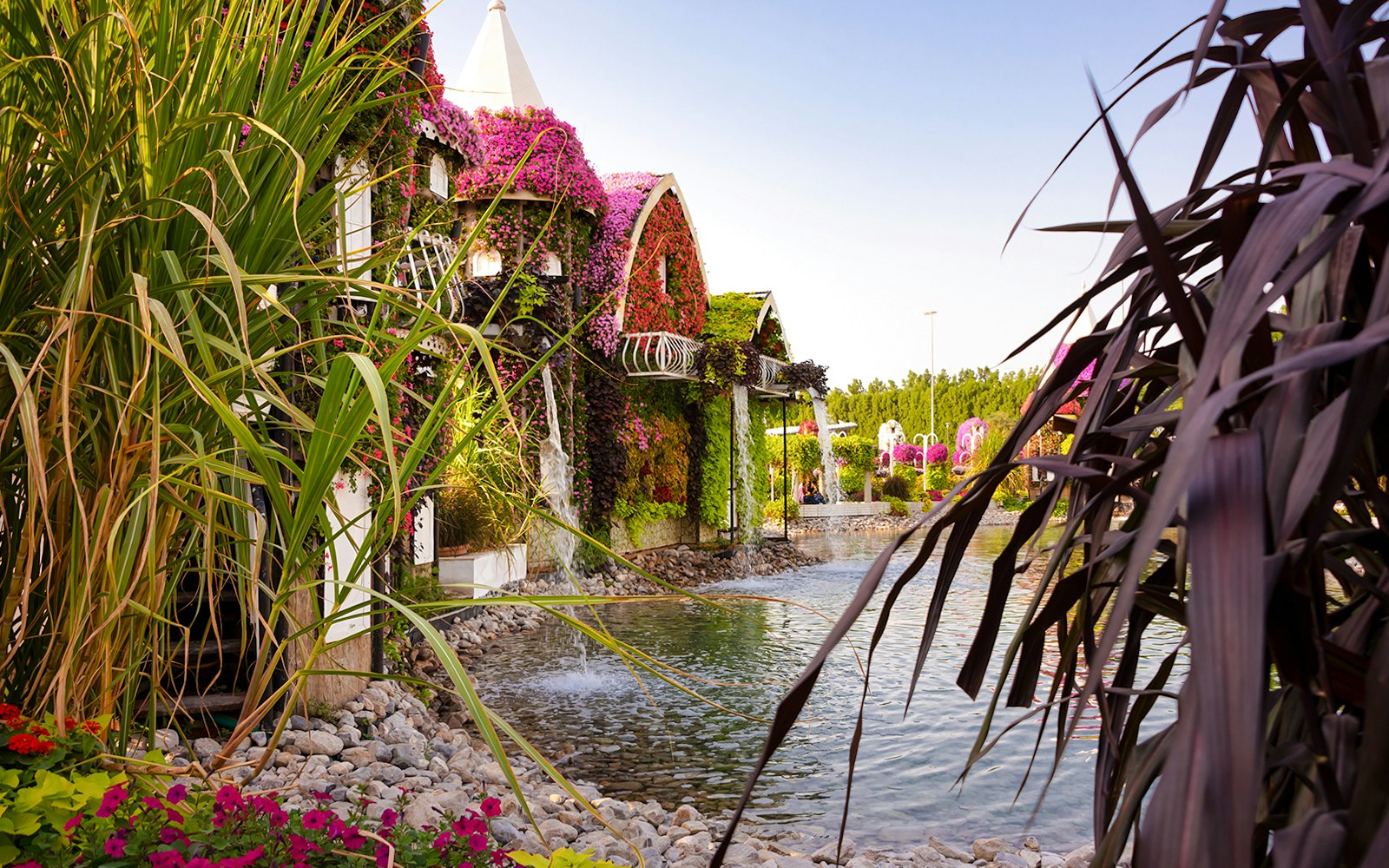 Dubai Miracle Garden floral archways and pond with AYA Universe combo ticket offer.