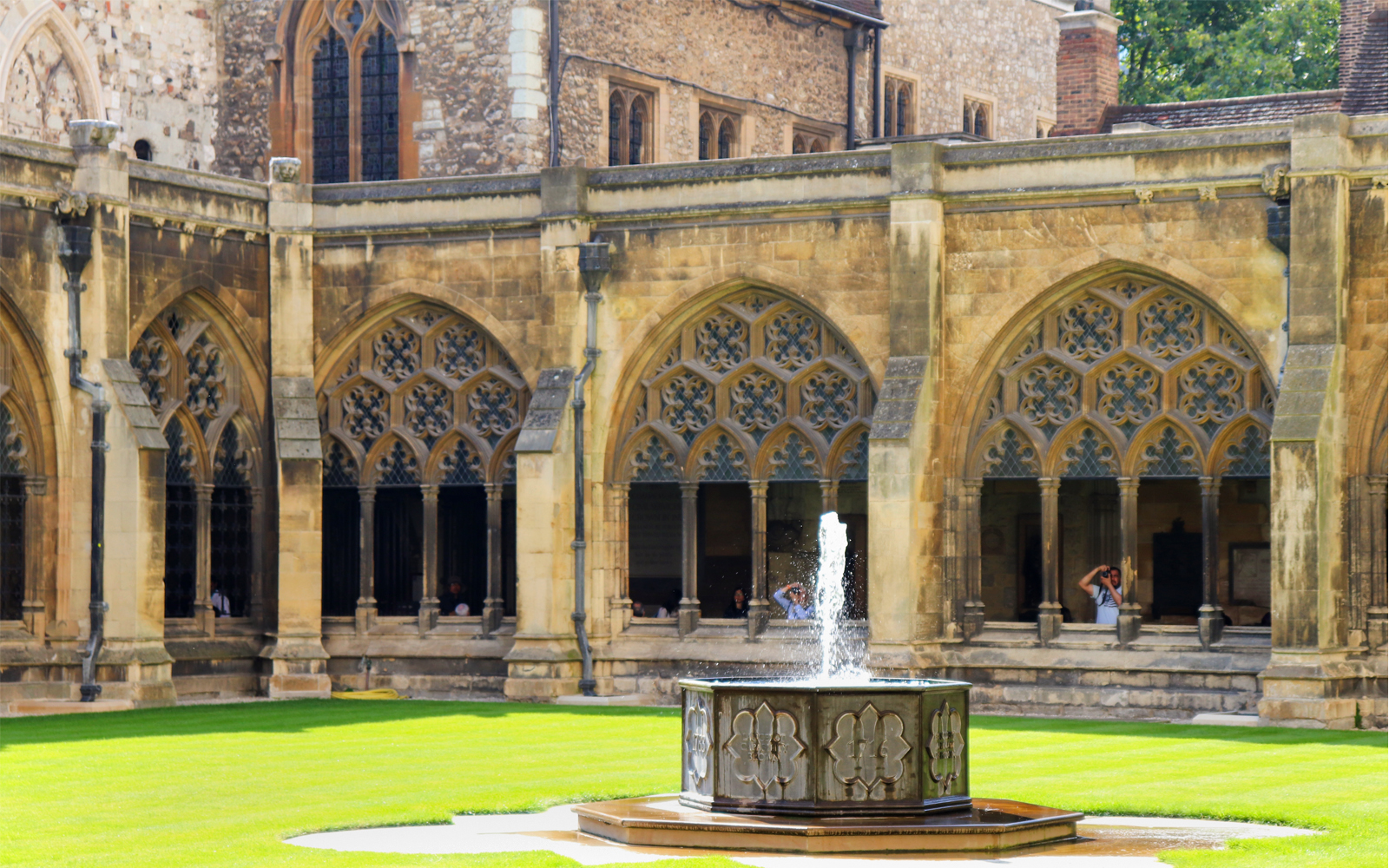 Cloister courtyard with a central fountain at Westminster Abbey, London.