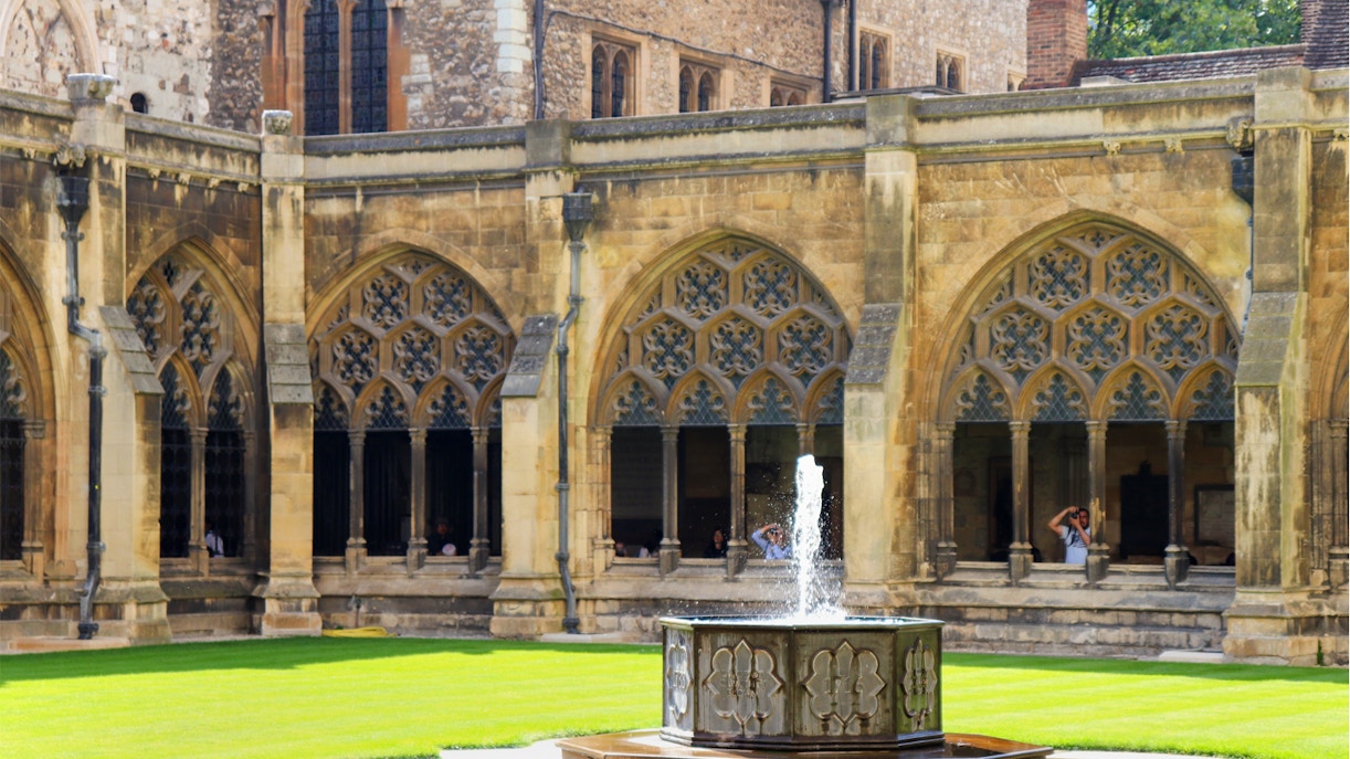 Cloister courtyard with a central fountain at Westminster Abbey, London.
