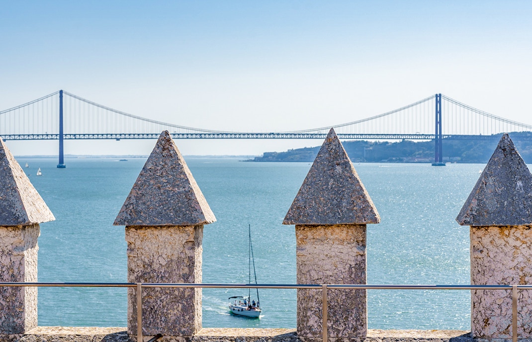Belem Tower terrace view in Lisbon overlooking the Tagus River.