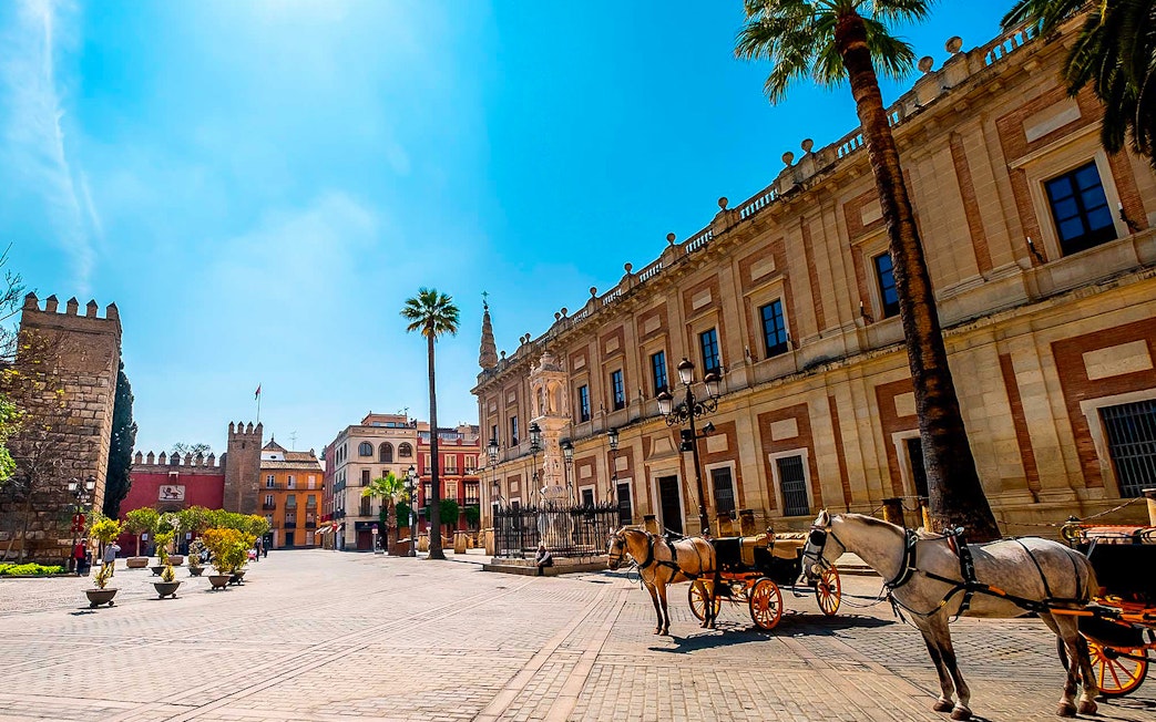 Horse-drawn carriages in front of historic building on a sunny street in Seville.
