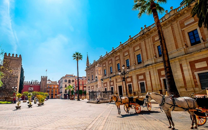 Horse-drawn carriages in front of historic building on a sunny street in Seville.