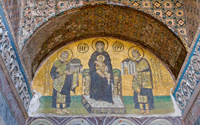 Mosaic of Virgin Mary and Christ Child with emperors in Hagia Sophia, Istanbul.